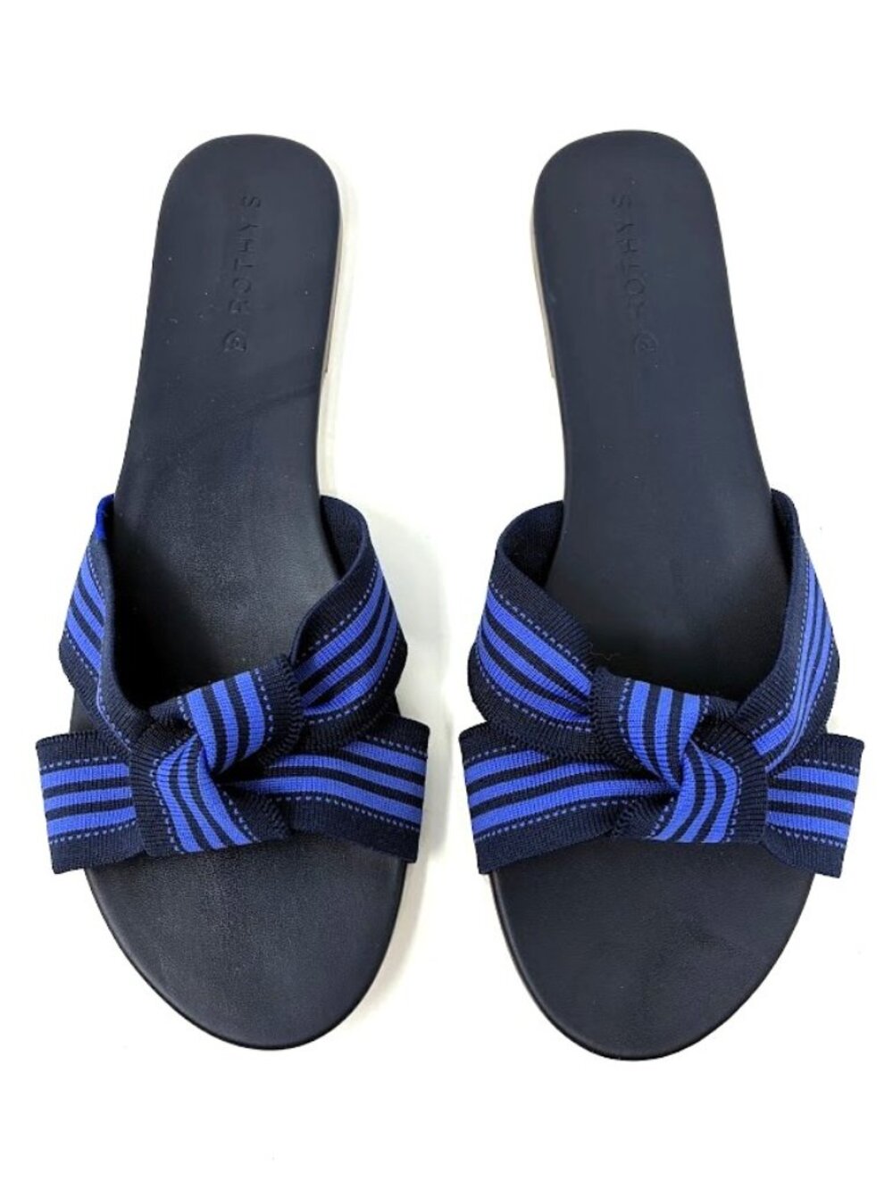 Rothy's The Knot Slide Sandals Navy Royal Blue Striped Knit Size 12.5 New
